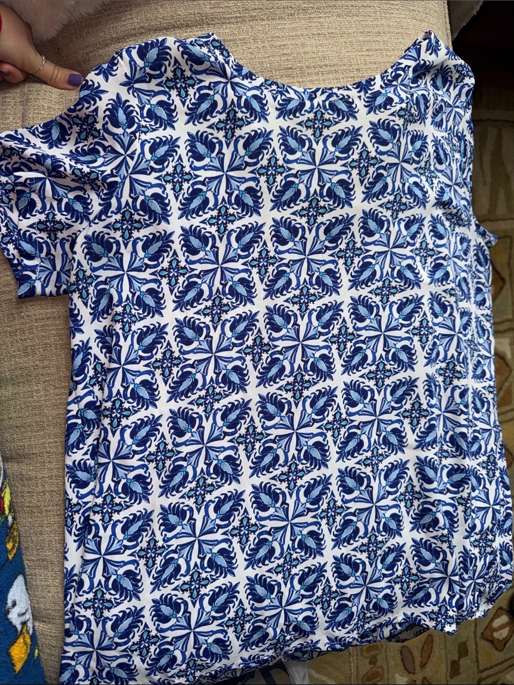 LOFT Blue and White Short-Sleeve Patterned Tee